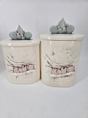 2 Vintage Southwest Cactus Pueblo Adobe Lidded Ceramic Canisters 9 Inch /10 Inch